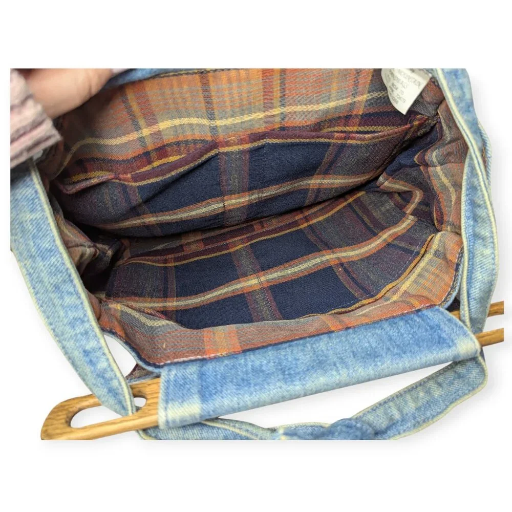 Ozark Mountain Handbags Casual Blue Denim Tote with Wooden Handles Plaid Lining